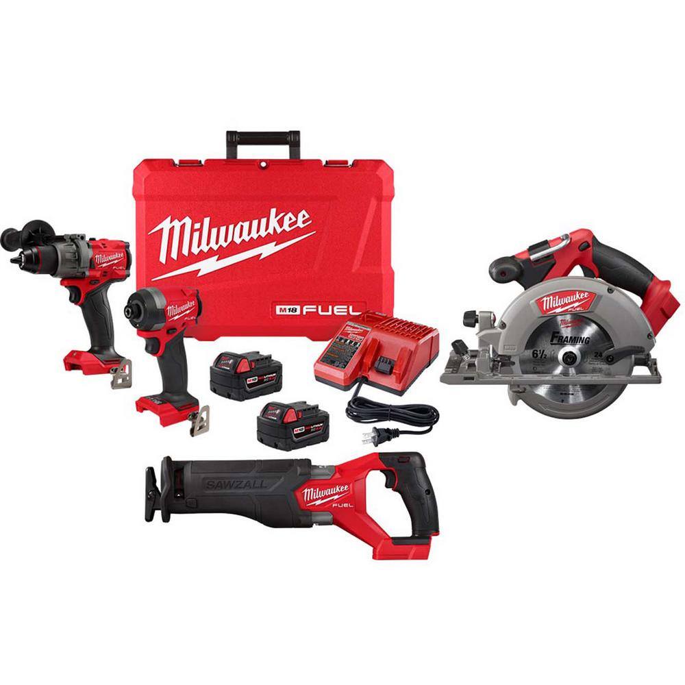 MW M18 FUEL 18-Volt Lithium Ion Brushless Cordless Combo Kit 4-Tool with Two 5.0 Ah Batteries 1 Charger 1-Tool Bag 3697-22-2730-20-2821-20