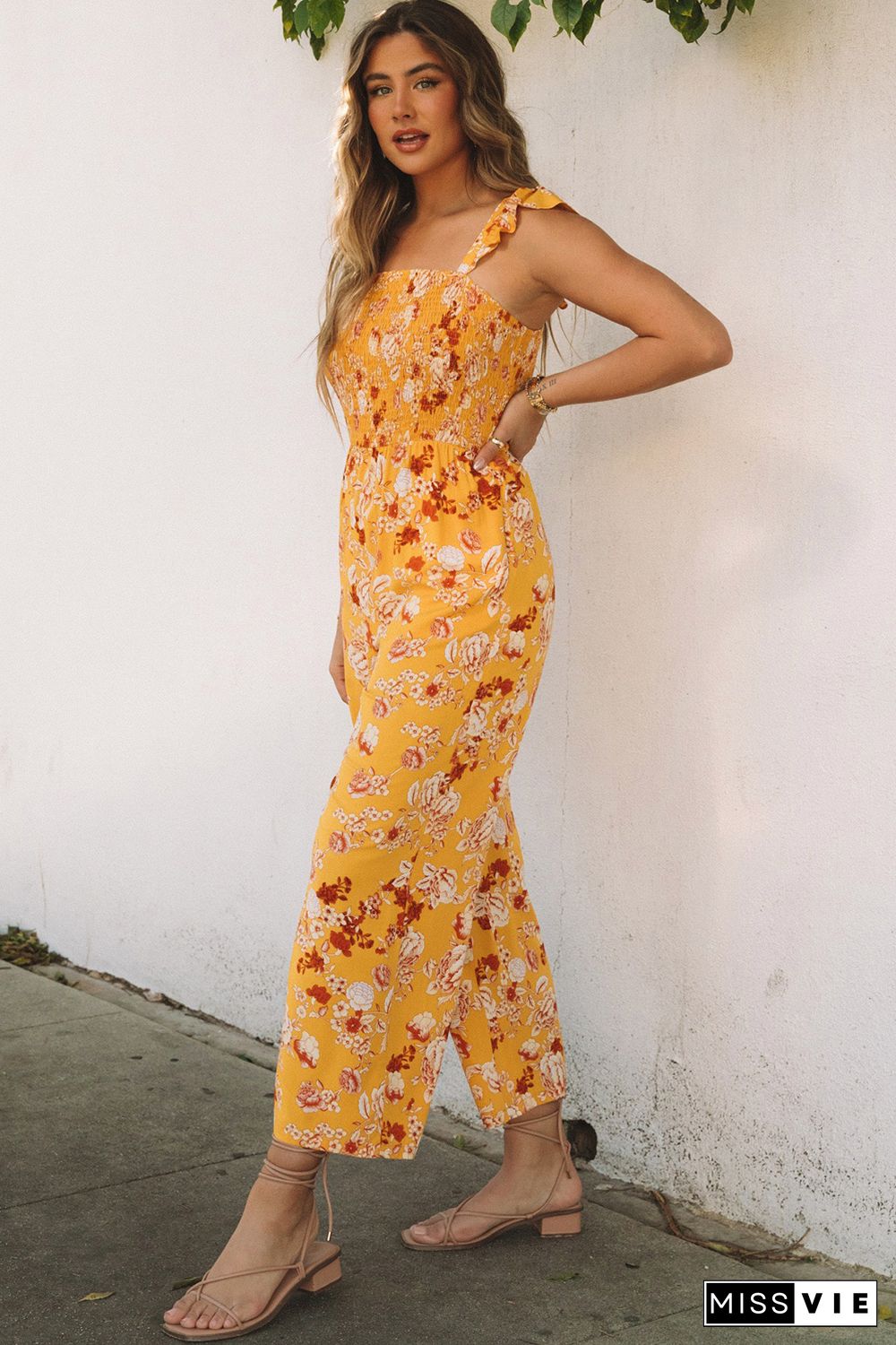 Yellow Floral Print Ruffle Shoulder Smocked Wide Leg Jumpsuit