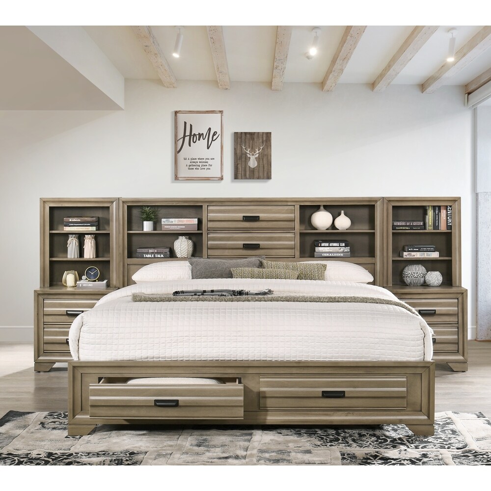 Roundhill Furniture Loiret Rubbed Gray Oak Finish Wood Storage Platform WallBed with Dresser and Mirror