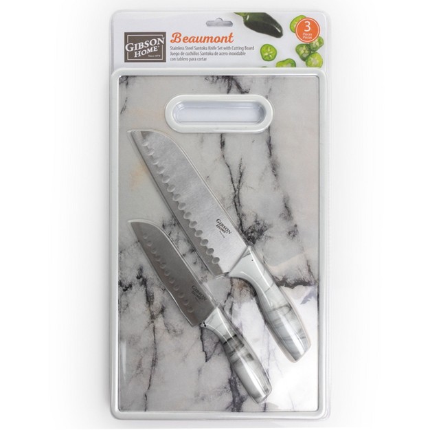 Gibson Home Beaumont 3 Piece Stainless Steel Santoku Knife Set With Cutting Board In White Marble