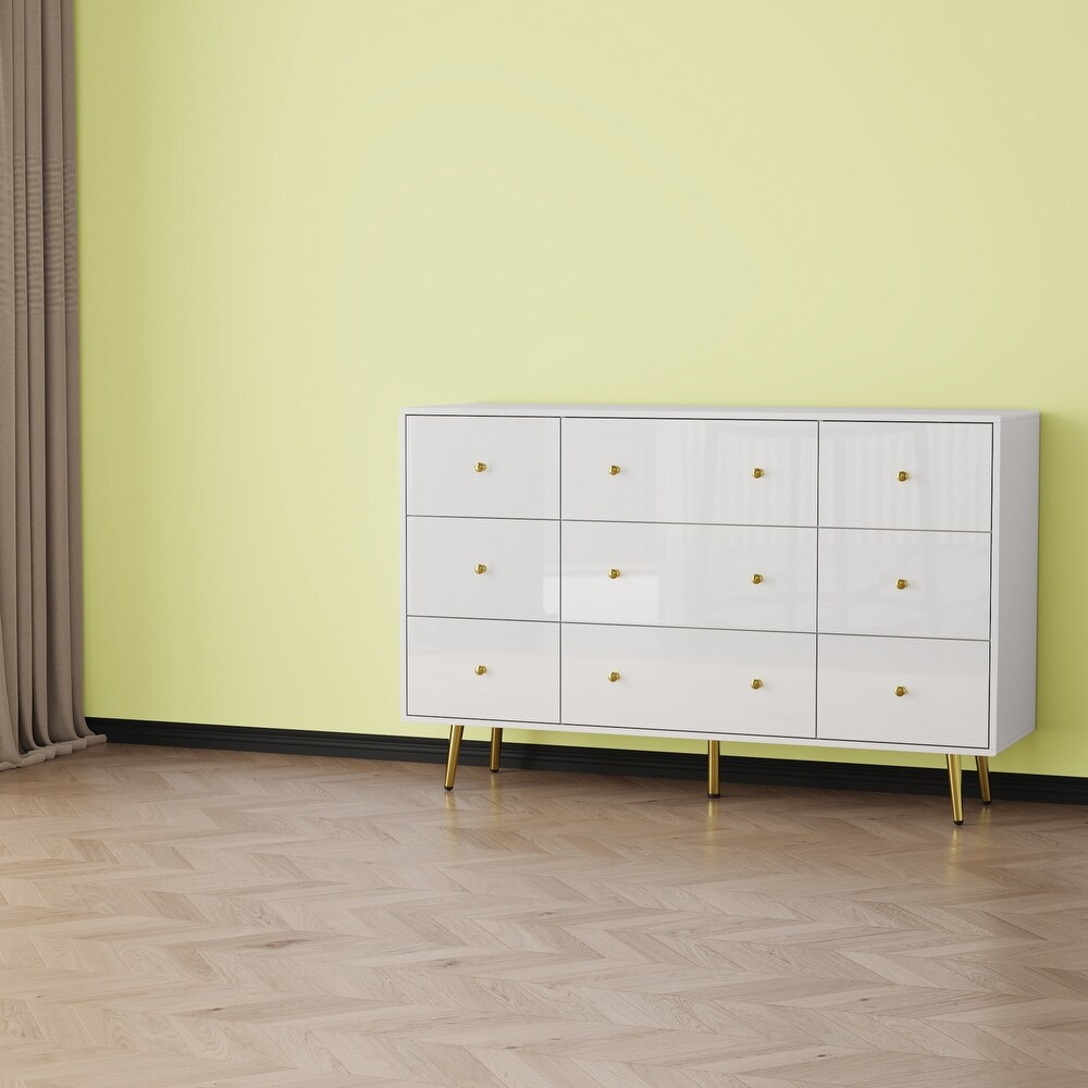 Contemporary 9 Drawer Dresser   High Gloss Finish with Gold Legs Chest