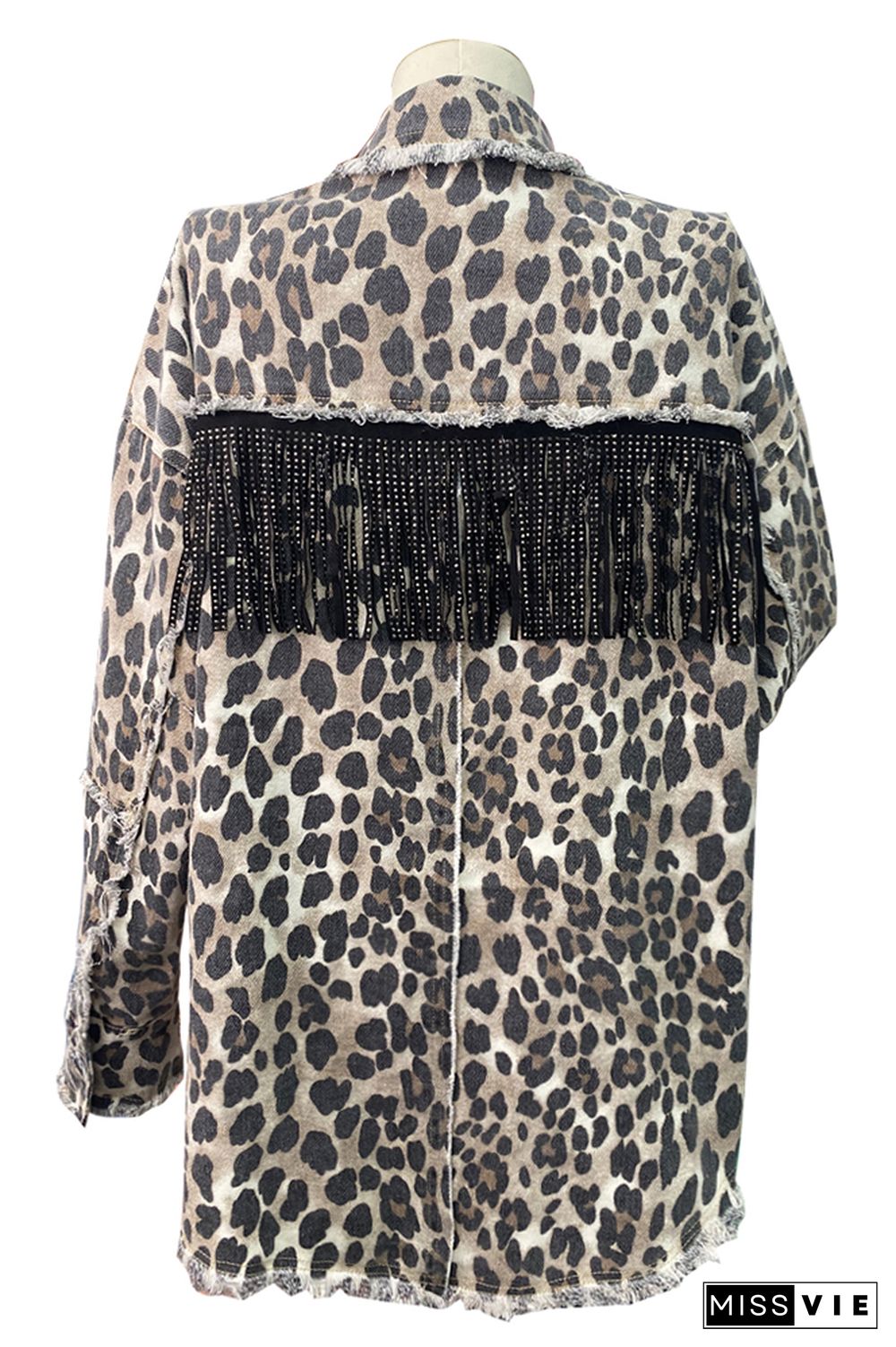 Distressed Raw Hem Leopard Tassle Denim Jacket Coat