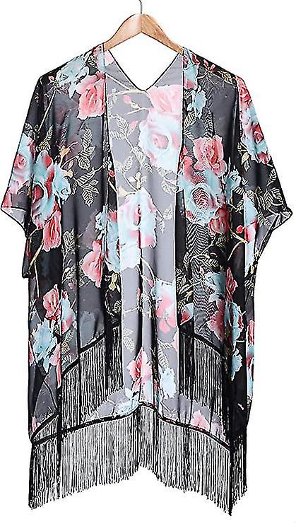 Womens Cardigans Beach Wear Chiffon Cover Up Swimwear Beach Dress With Tassel(1pcs，black)