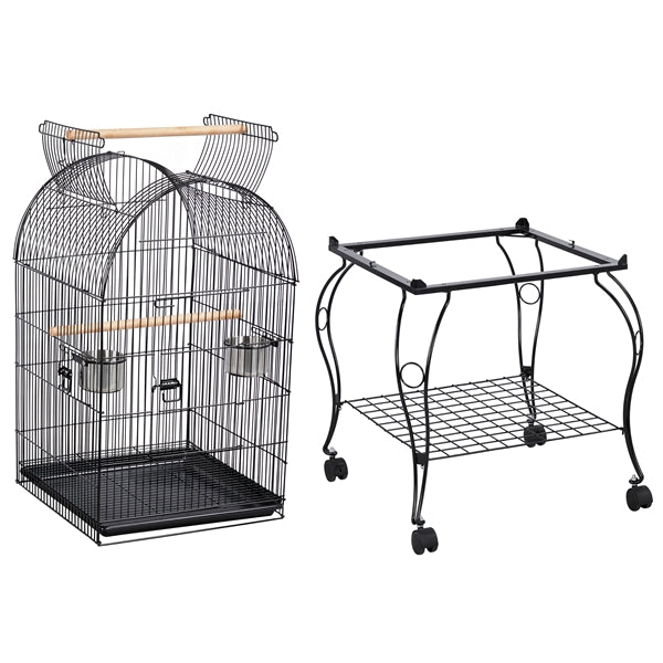 SMILE MART Metal Rolling Bird Cage with 2 Feeders and 2 Wooden Perches， Black