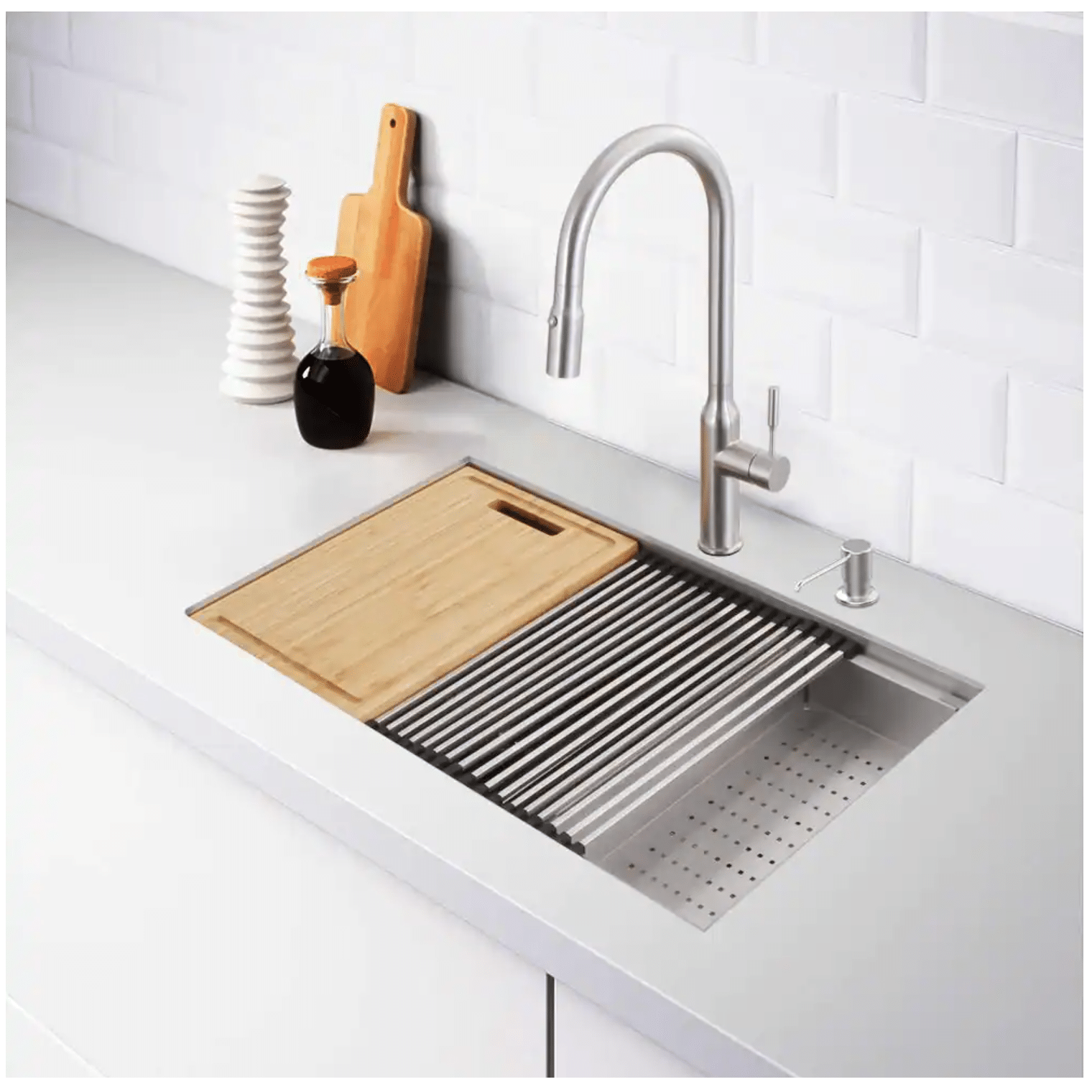 Glacier Bay Zero Radius Undermount 18G Stainless Steel 27 in. Single Bowl Workstation Kitchen Sink with Accessories