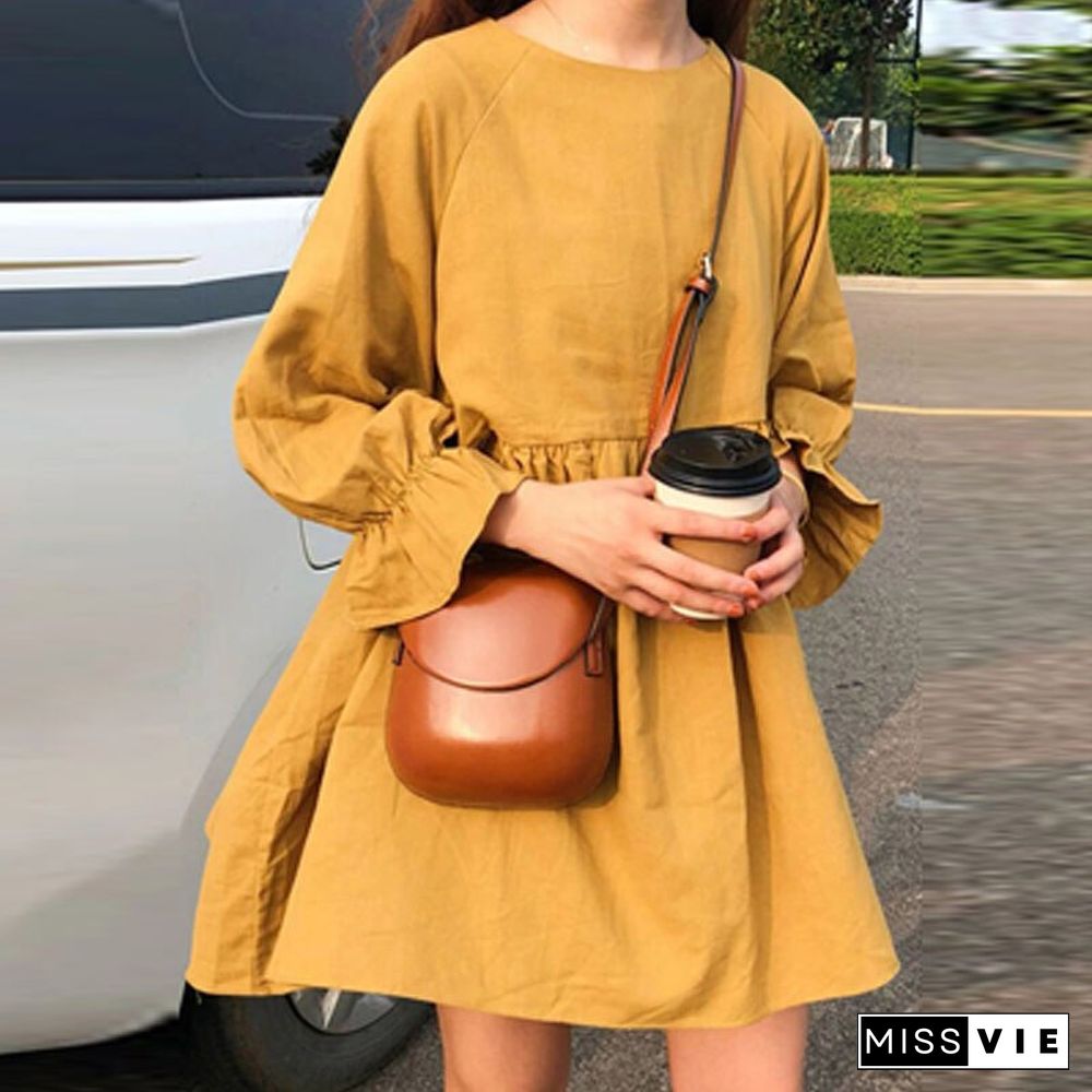 Women Fashion Small Fresh Long Sleeve O Neck Dress Early Autumn Dot Print Mini Dress Ladies Casual Loose High Waist Dresses