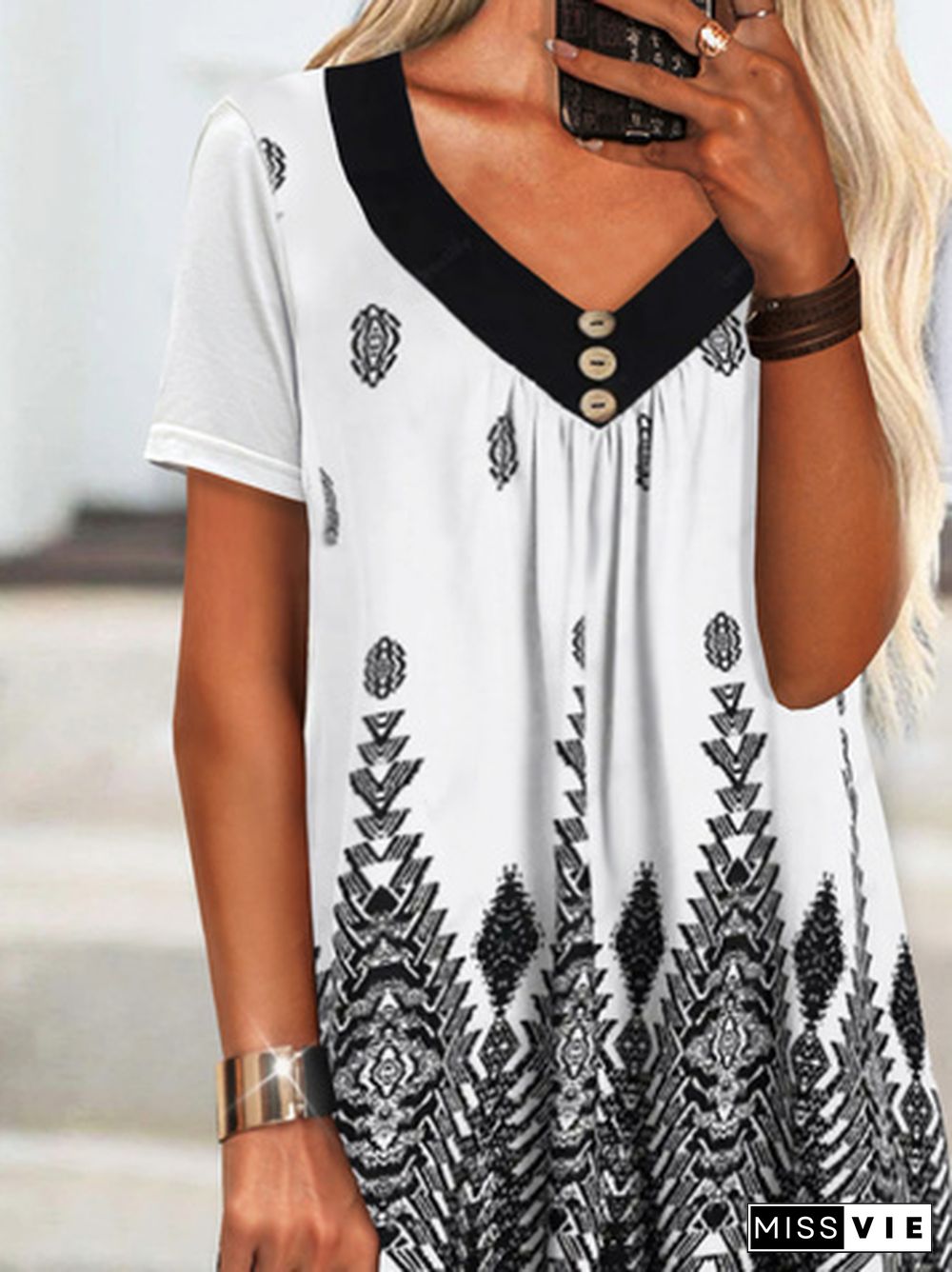 Geometric Tribal Printed Casual V Neck Loosen Plus Size Short Sleeve T-Shirt