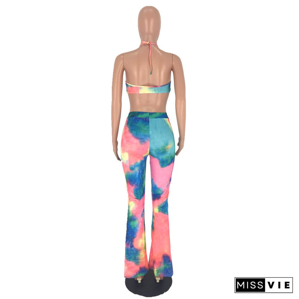 Tie Dye Sexy Halter Backless Crop Top Long Pants 2 Piece Set