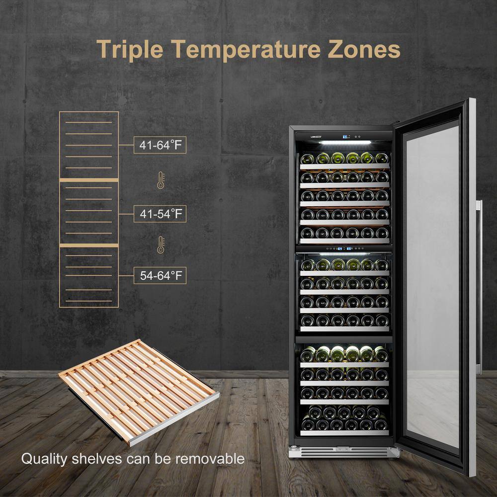 LANBOPRO 143 Bottle Seamless Stainless Steel Triple Zone Wine Refrigerator LP168T