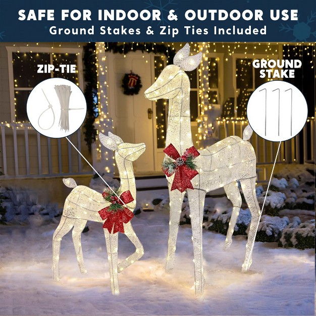 Joiedomi 2 Pcs 210 Led Lighted Tinsel Doe And Fawn Led Yard Lights Christmas Outdoor Warm White Reindeer