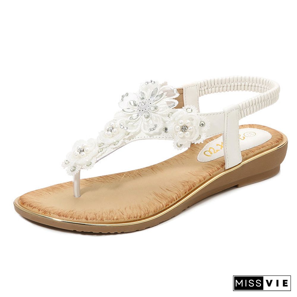 Women Rhinestone Floral Comfy Sole Beach Thong Sandals Shoes