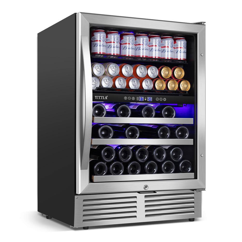 TITTLA 23.47 in. Dual Zone 29-Wine Bottles  90-Cans Beverage  Wine Cooler in Silver Reversible Door Hinge Interior Blue LED KMYC150-2