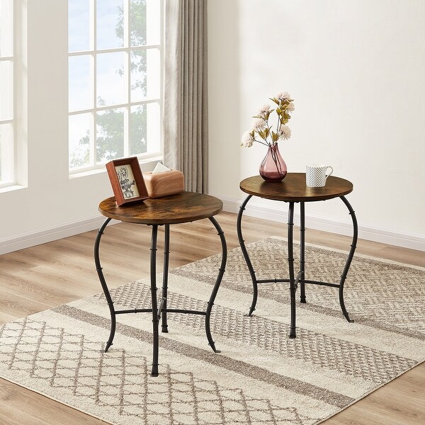 VECELO， ( Set of 2 ) Industrial Round Side Table/End Table， Rustic Brown