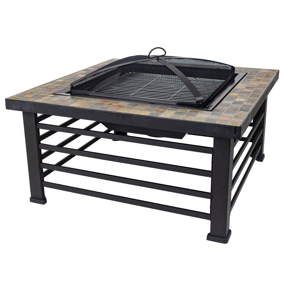 Pleasant Hearth Cascade Slate Top 34 in. Wx22.5 in. H Square Steel Wood Black Fire Pit OFW732S