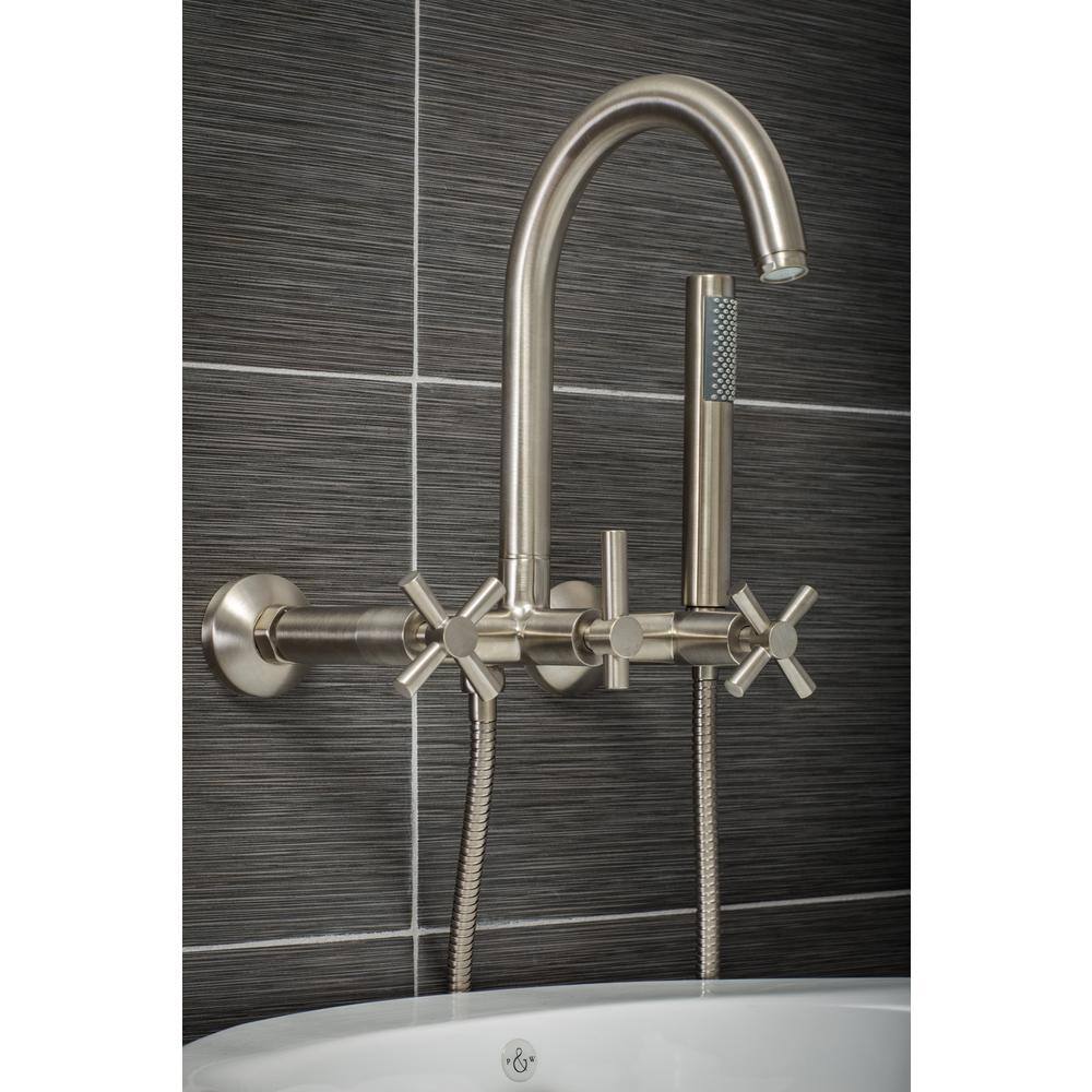 PELHAM  WHITE Modern 3-Handle Wall Mount Tub Faucet with Handshower and Hose Cross Handles in Brushed Nickel PW82411-C-BN