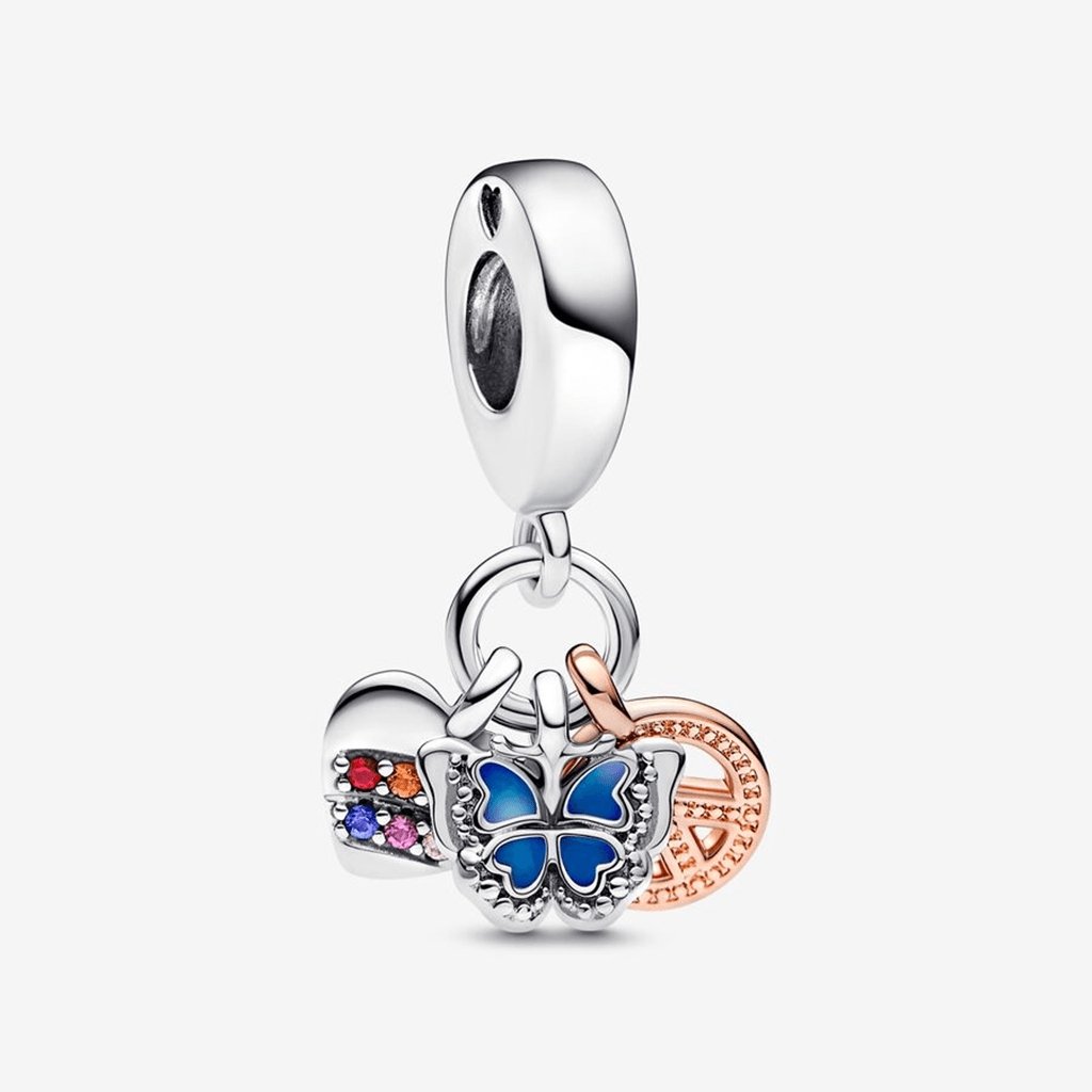 PANDORA  Two-Tone Rainbow Heart, Butterfly & Peace Triple Dangle Charm