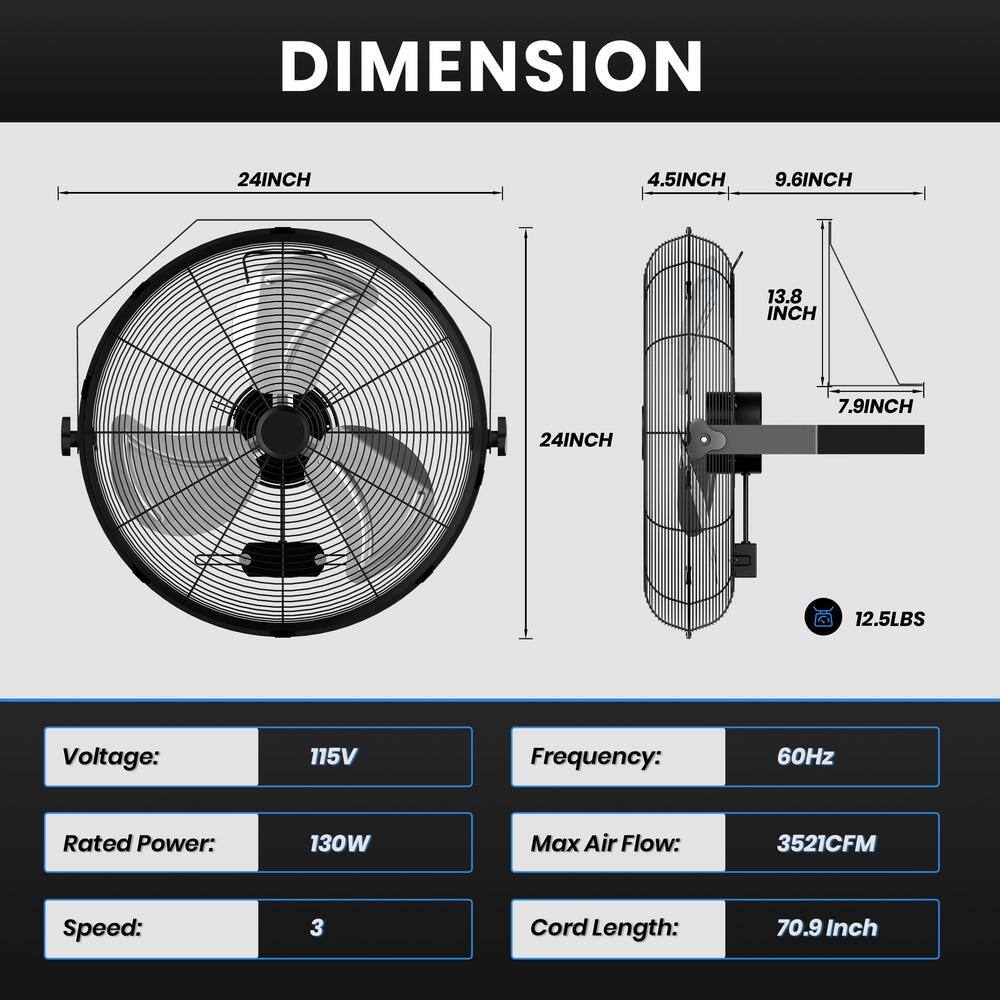 Aoibox 20 in. Black Metal 3-Speed High-Velocity Wall Mount Ventilation Fan with Rack and L-Iron SNMX5269