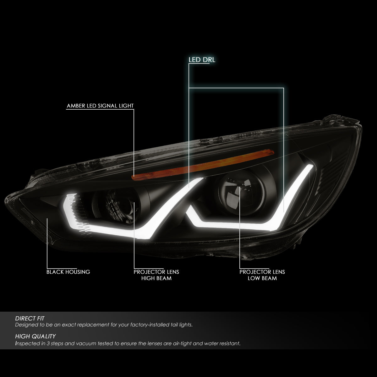 DNA Motoring HL-HPL-LED-FF16-BK-SM-AM For 2015 to 2018 Focus Dual HALO LED DRL Light Bar+Turn Signal Projector Headlight Black Housing Smoked Lens Amber Corner Headlamp 16