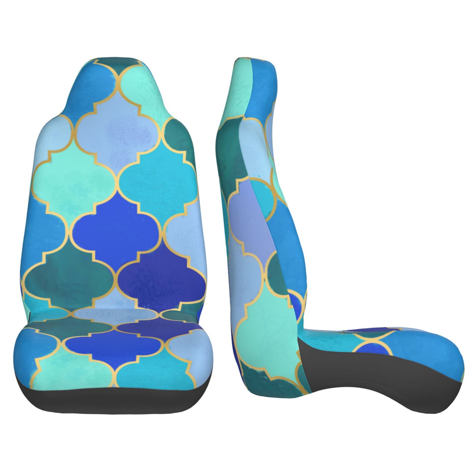 TEQUAN Front Seat Covers， Moroccan Style Blue Texture Pattern 2 Piece Car Seat Cover Fit Most Car SUV Truck Van