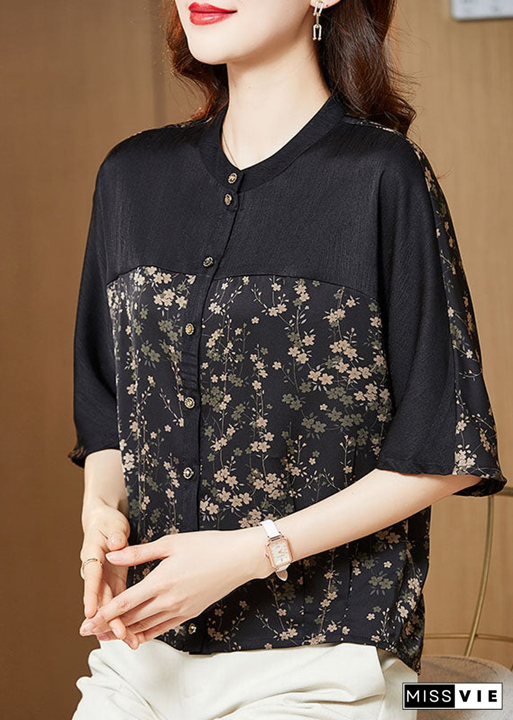 Modern Black O-Neck Patchwork Print Silk Shirt Tops Half Sleeve