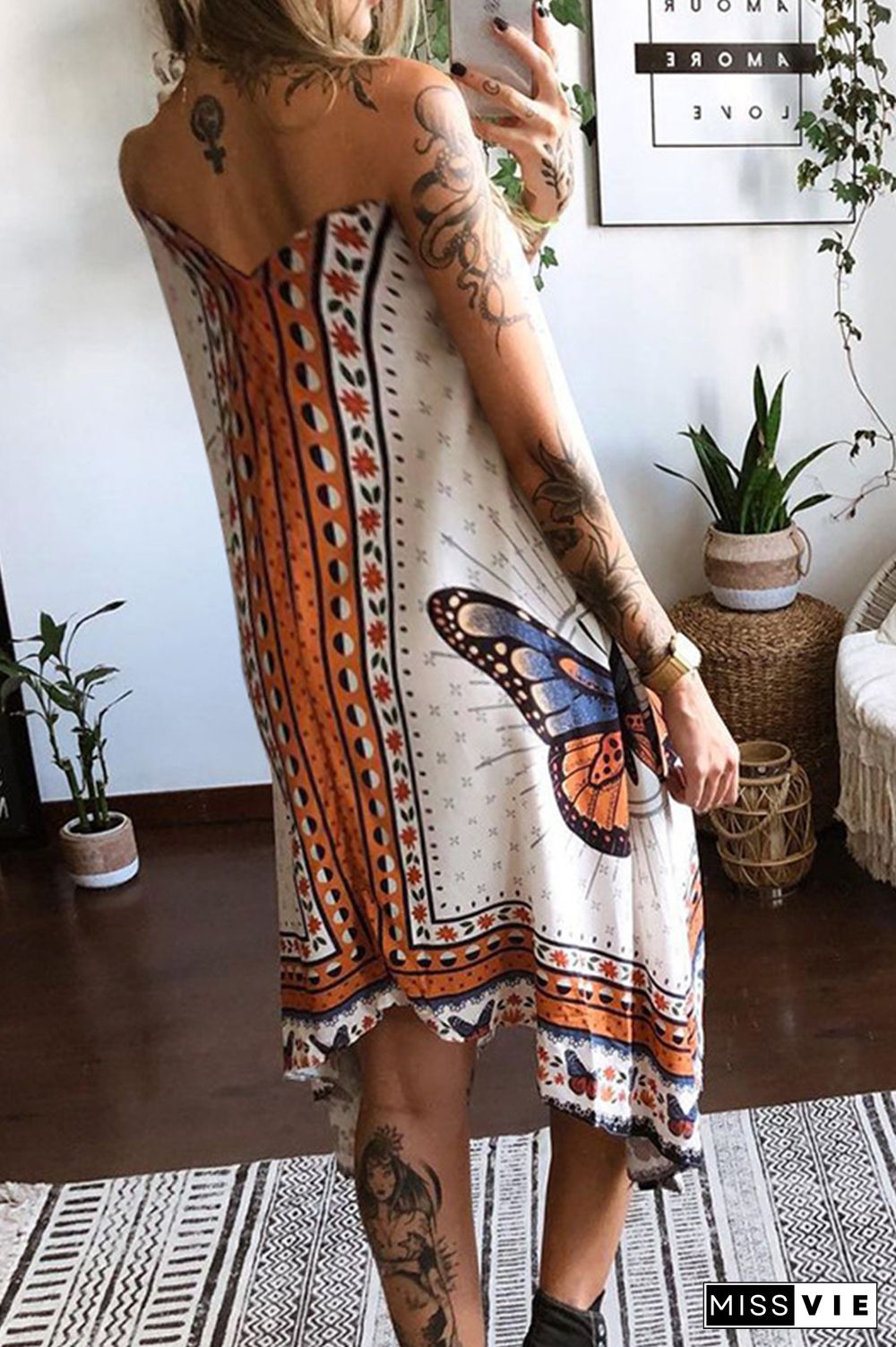 Casual Print Butterfly Print Backless V Neck Irregular Dress Dresses