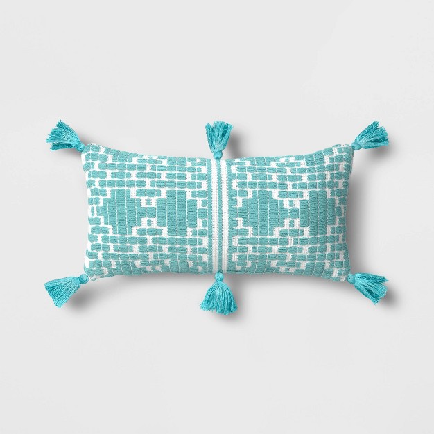 Geometric High Dimension Rectangular Outdoor Lumbar Pillow Aqua Blue