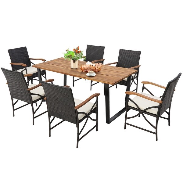 Gymax 7PCS Rattan Dining Set Acacia Wood Table 6 Wicker Chairs w/