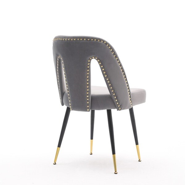 Contemporary Velvet Upholstered Dining Chair with Nailheads and Gold Tipped Black Metal Legs Set of 2