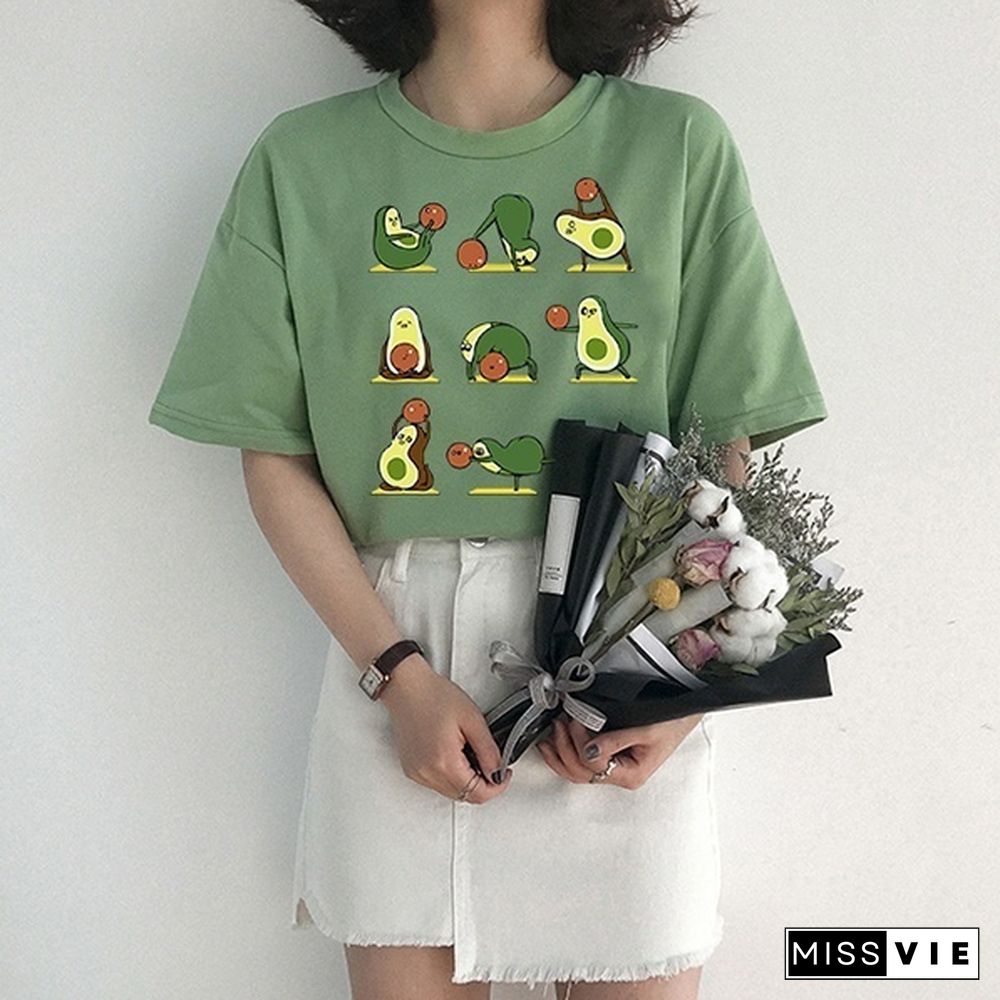 Kawaii Cartoon Avocado Short Sleeve T-shirt Women Casual Avocado Graphic Tops Female Tee Summer Women T-shirts Tops