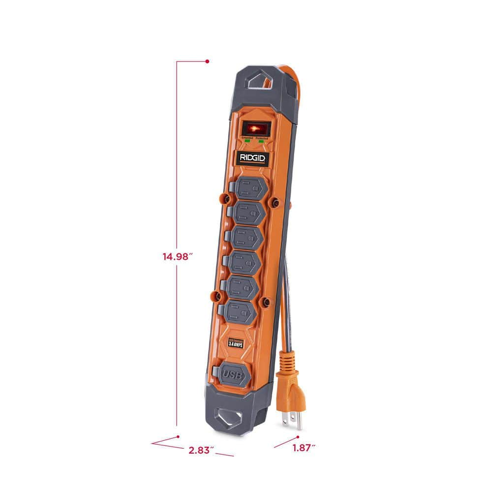 RIDGID 8 ft. Cord 6-Outlet, 2.4 Amp USB-A, 15-Watt USB-C, 2100J Surge Protector RG608UC