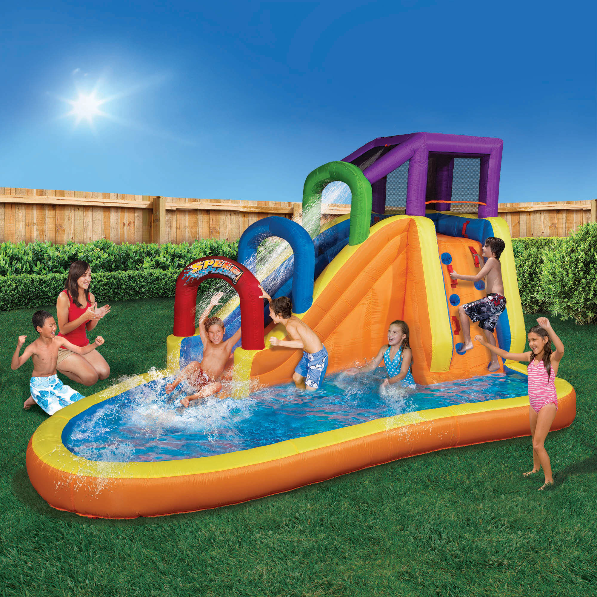 Banzai Speed Slide Water Park, Length: 14 ft 7 in, Width: 9 ft 6 in, Height: 8 ft, Inflatable Outdoor Backyard Water Slide Splash Toy