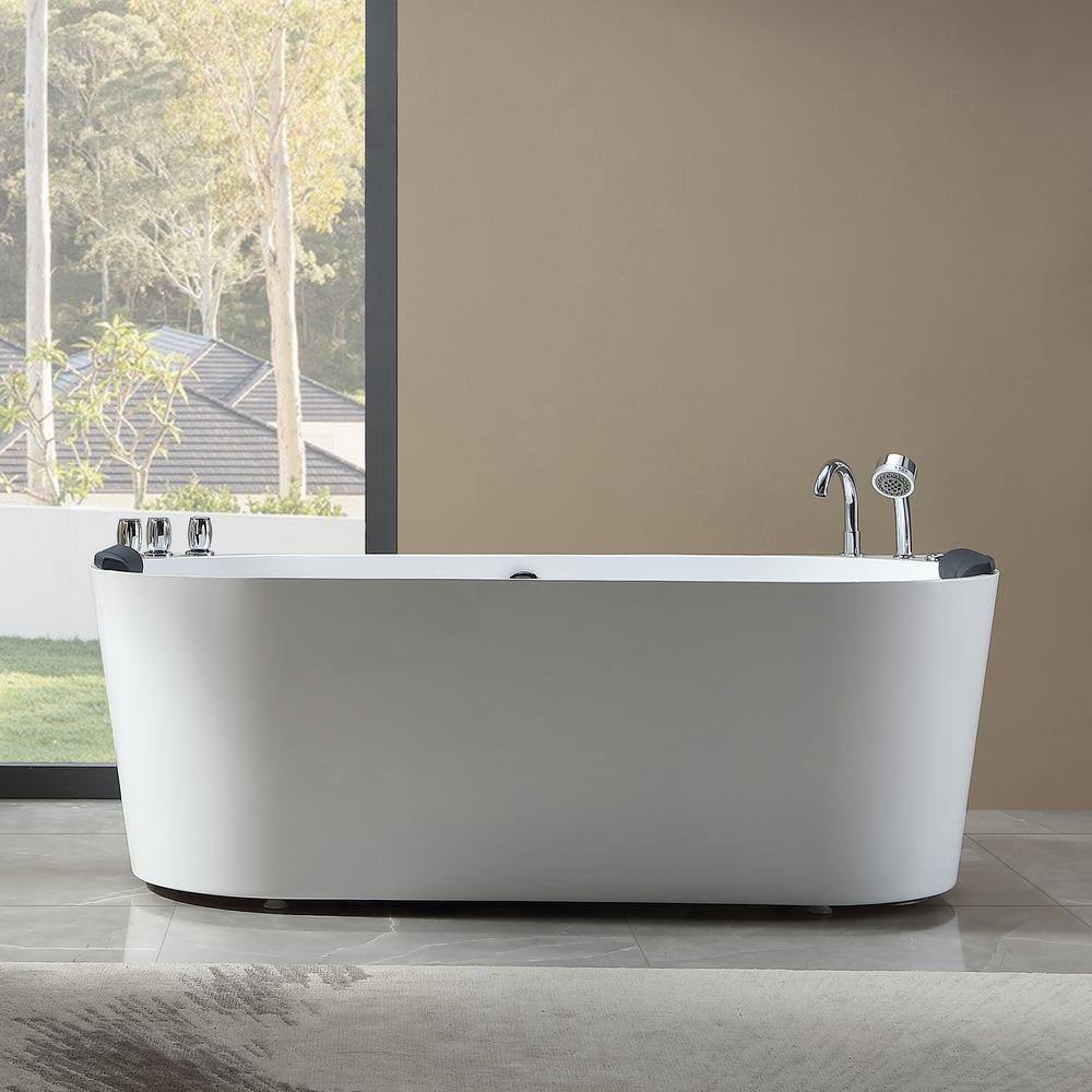 Empava 71 in. Center Drain Acrylic Freestanding Flatbottom Whirlpool Bathtub in White with Faucet - Water Jets EMP-71AIS08