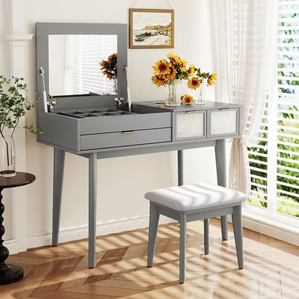 Makeup Vanity Set with Flip top Mirror and Stool  Wood Dressing Table