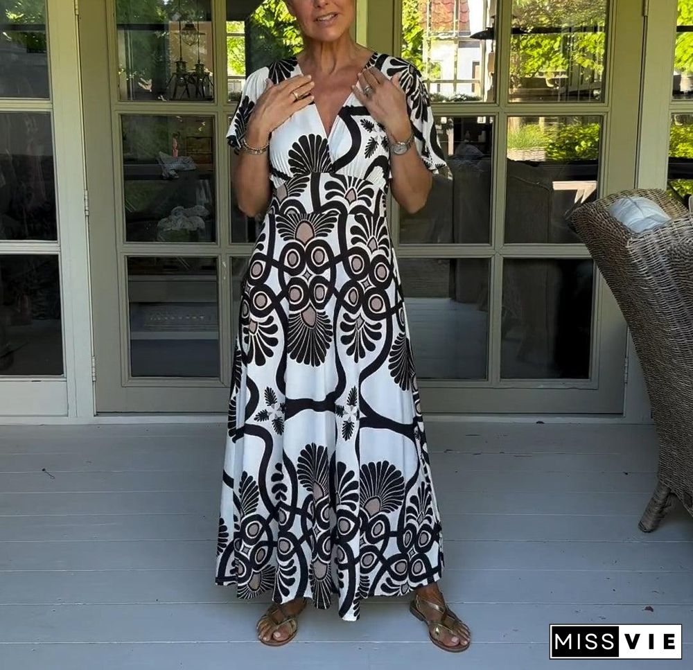 Black and White Short Sleeve Maxi Dress