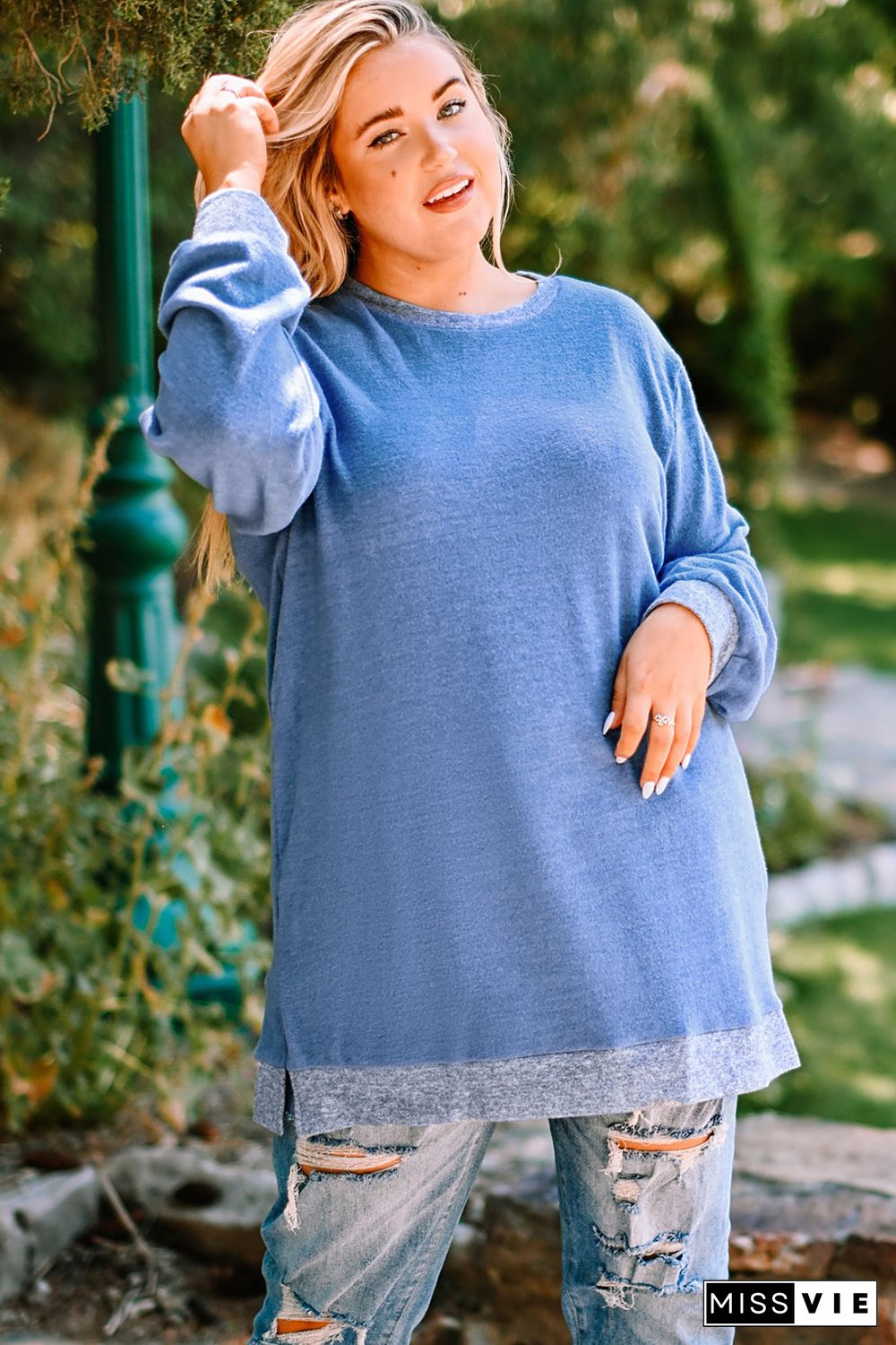 Sky Blue Plus Size Long Sleeve Pullover Sweatshirt