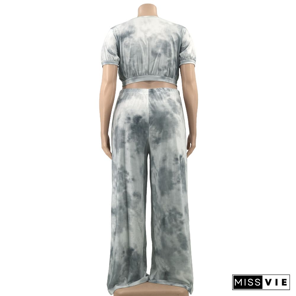 Tie Dye Short Sleeve Crop Tops Wide Leg Pants Set