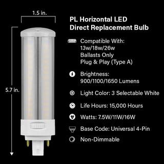 Feit Electric 13W18W26W Equivalent PL Horizontal 4-Pin Universal Base G24QGX24Q-1-2-3 CCT Select(2700K3500K4100K)LED Light Bulb PL26AHCCTLEDHDRP