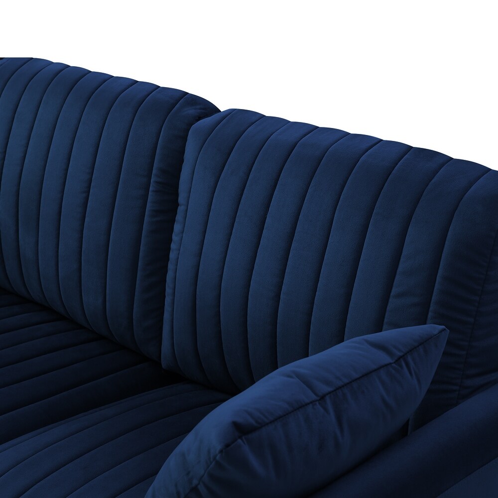 Blue Velvet Upholstered Loveseat Sofa Channel Tufting Lounge Loveseat with Reversible Back and 2 Pillows  Living Room Couch