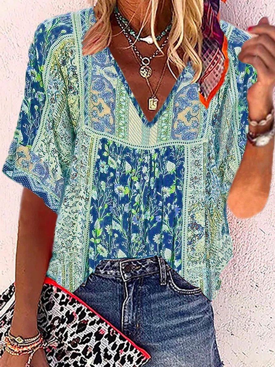 V-neck Casual Loose Floral Print Short Sleeve Blouse