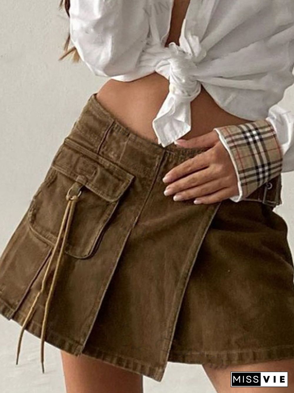 Vintage Brown Distressed Pleated Pocket Decor Mini Skirt