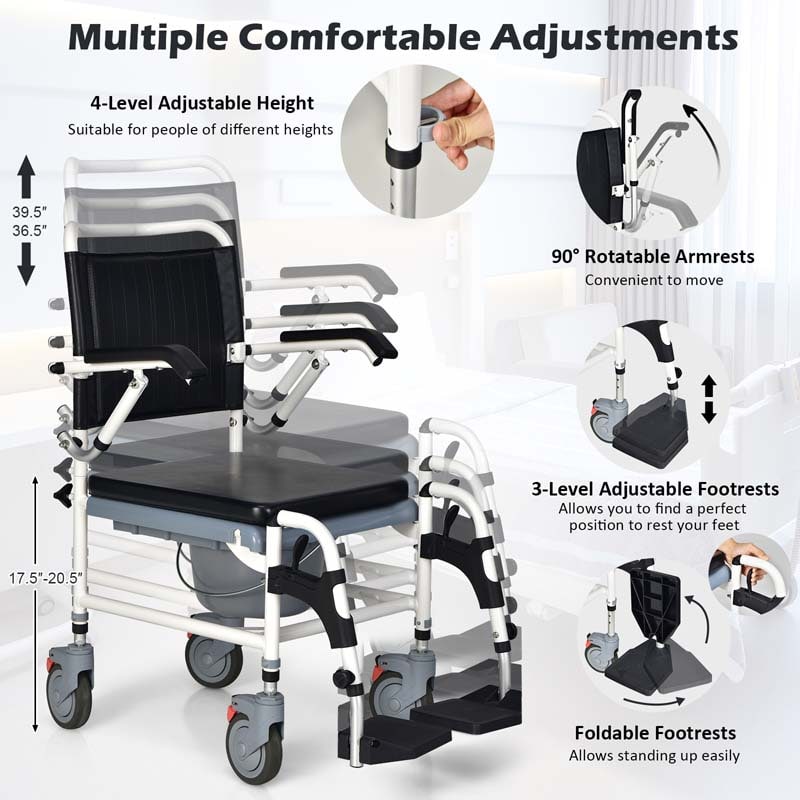 4-in-1 Bedside Commode Chair Shower Wheelchair with Detachable Bucket, Padded Mobile Toilet Chair