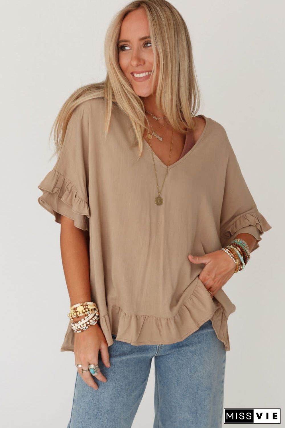 Light French Beige Loose Ruffled V Neck Blouse