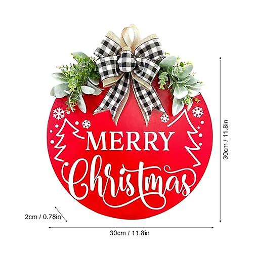 Merry Christmas Door Sign - Wooden Christmas Wreath with Buffalo Plaid Bow，Anti-Fade Bright Welcome