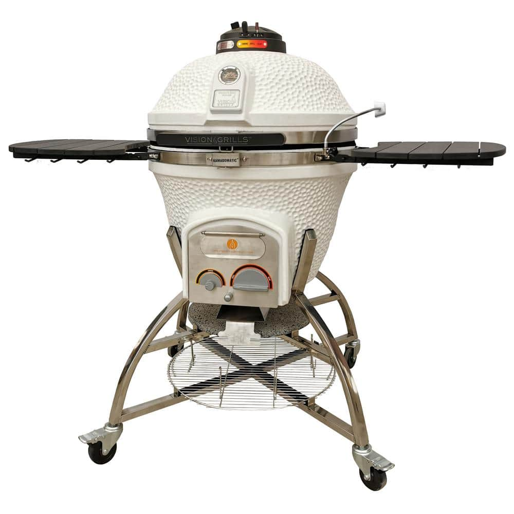 Vision Grills 24 in. Kamado XD702 Ceramic Charcoal Grill in White with Cover, Storage Cart, Shelves, Lava Stone, Ash Drawer XD-702WC