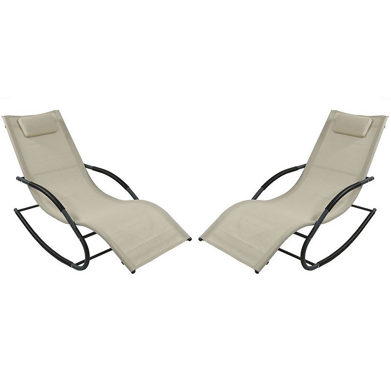 Sunnydaze Sling Outdoor Rocking Wave Lounger with Pillow - Beige - Set of 2