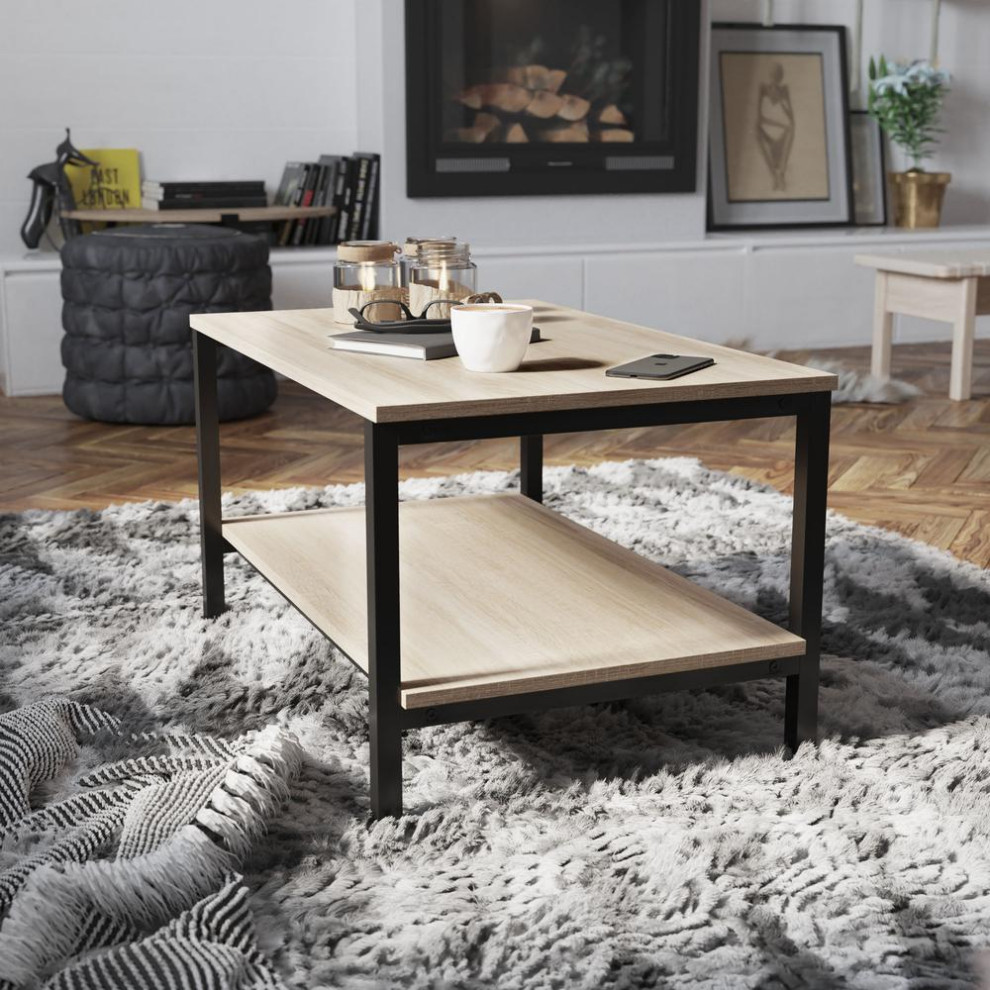 Finley Modern Industrial 2 Tier Rectangular Metal and Driftwood Coffee Table   Transitional   Coffee Tables   by BisonOffice  Houzz