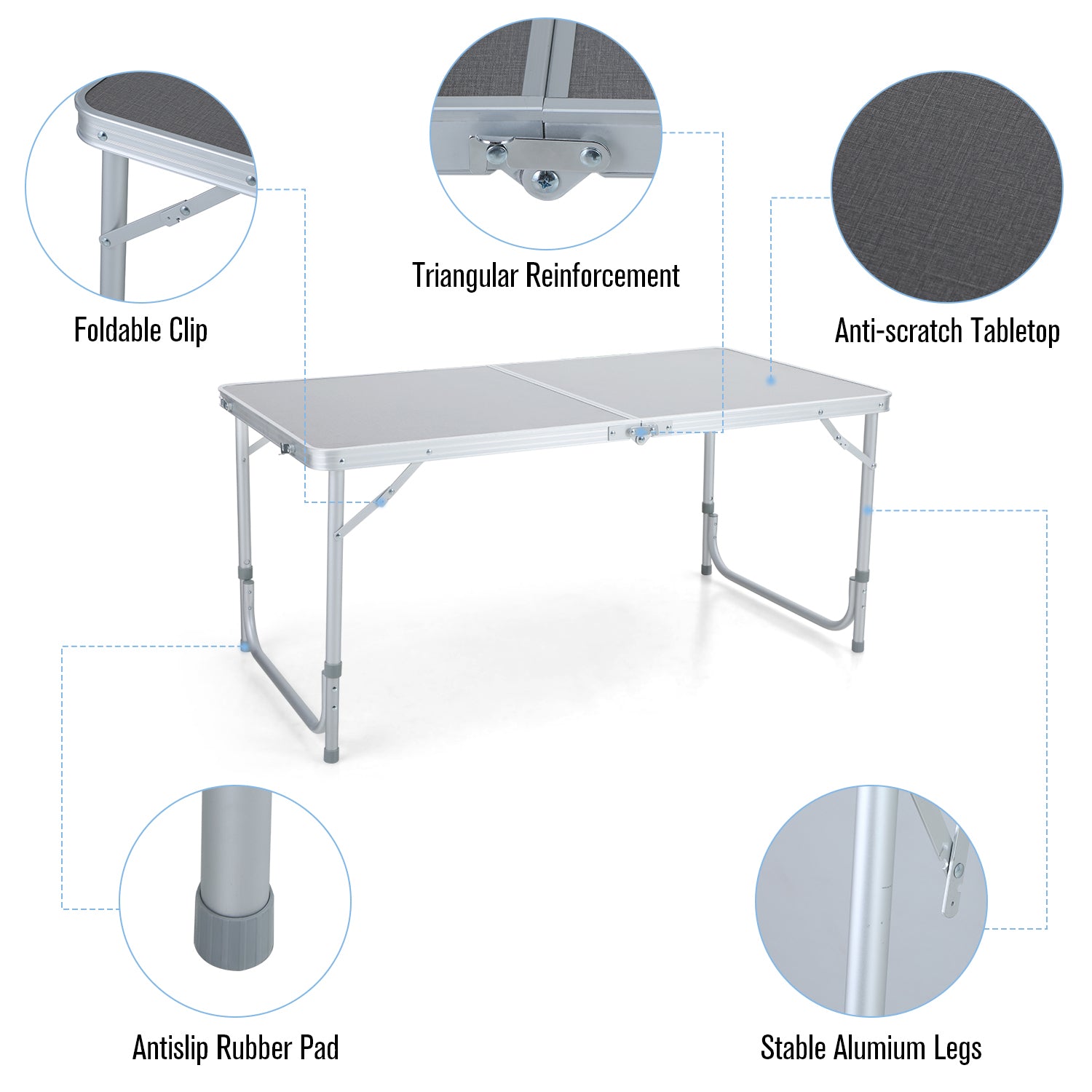 Alpha Camp Portable Folding Camping Table Aluminum Frame Rectangular Outdoor Picnic Table with Adjustable Height， Silver