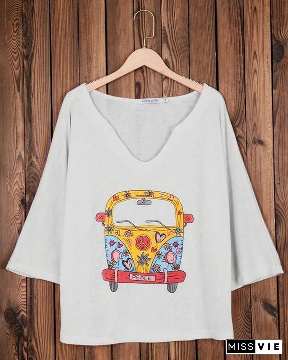 Women Daily Causal Plus Size Shift Car Printed V Neck Long Sleeve Cotton-Blend Tops