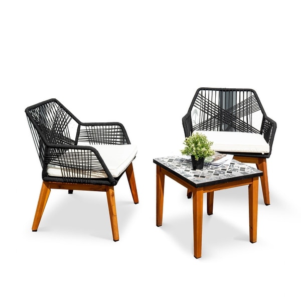 M4H Lucena Solid Wood Outdoor Rope Chair Set with Ceramics Table