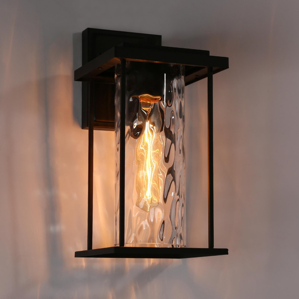 LNC 1 Light 13.4 quotH Matte Black and Textured Glass Modern Outdoor Wall Light   Modern   Outdoor Wall Lights And Sconces   by LNC  Houzz